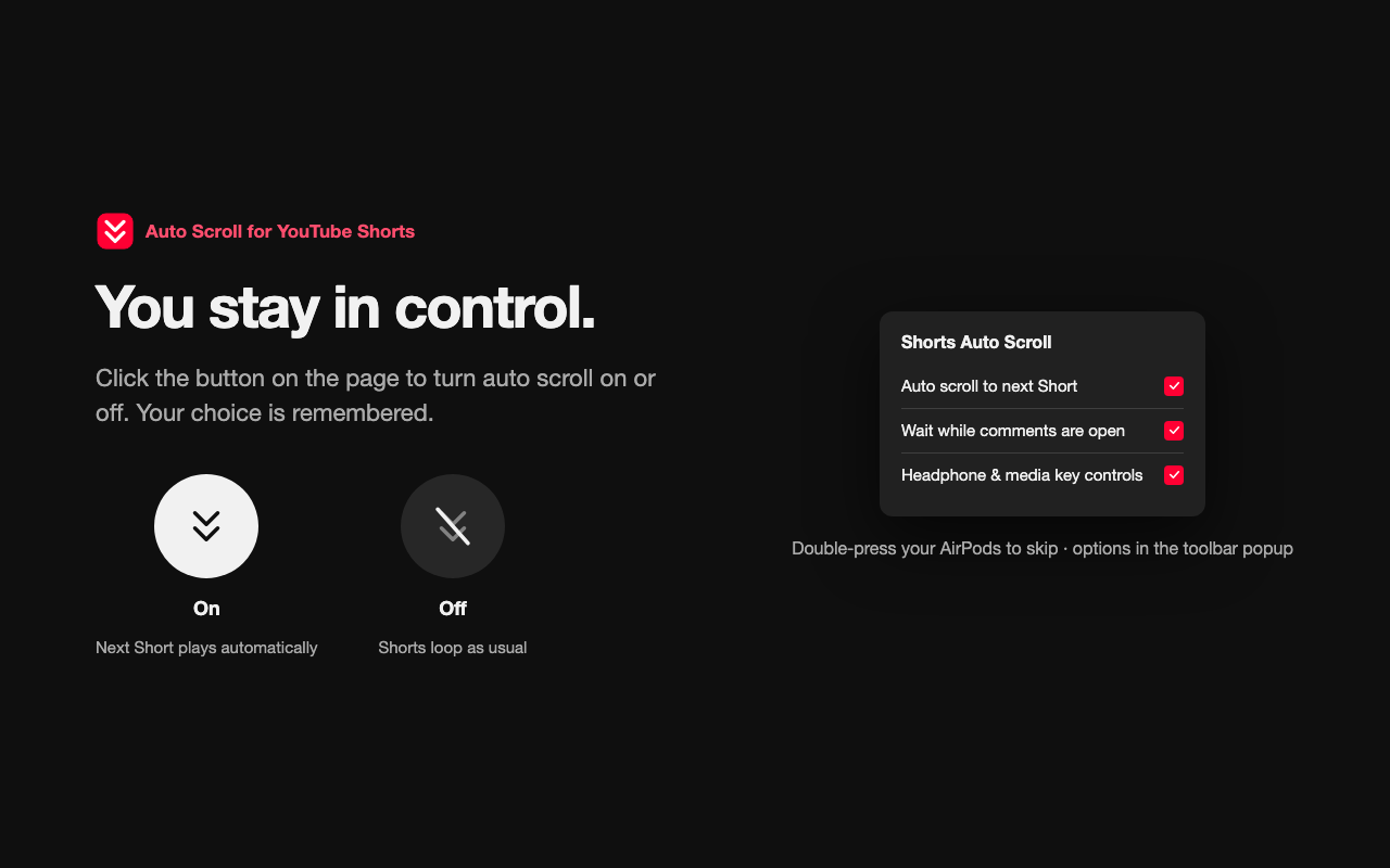 The button's On and Off states, and the toolbar popup with its three settings